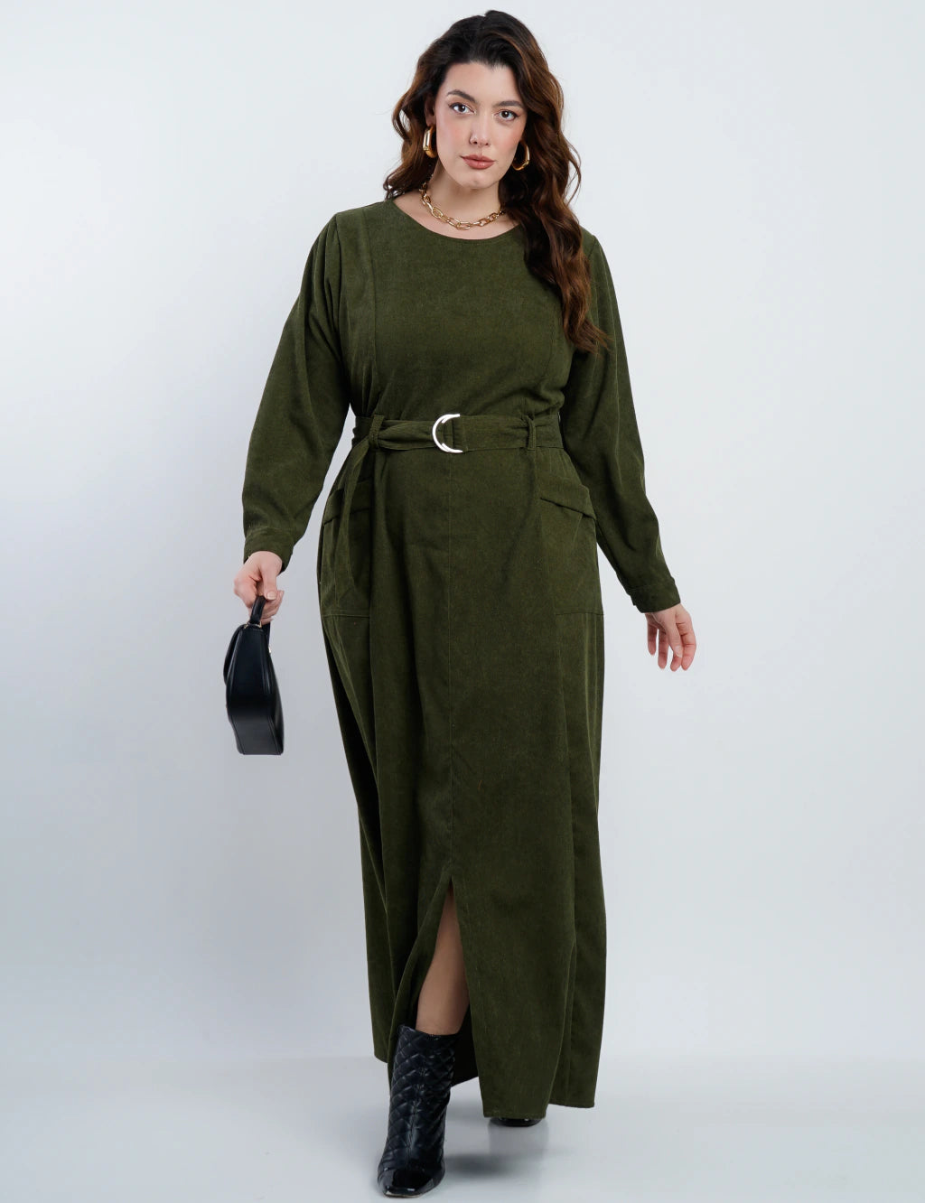 Vestido Longo Veludo Com Bolsos Musgo