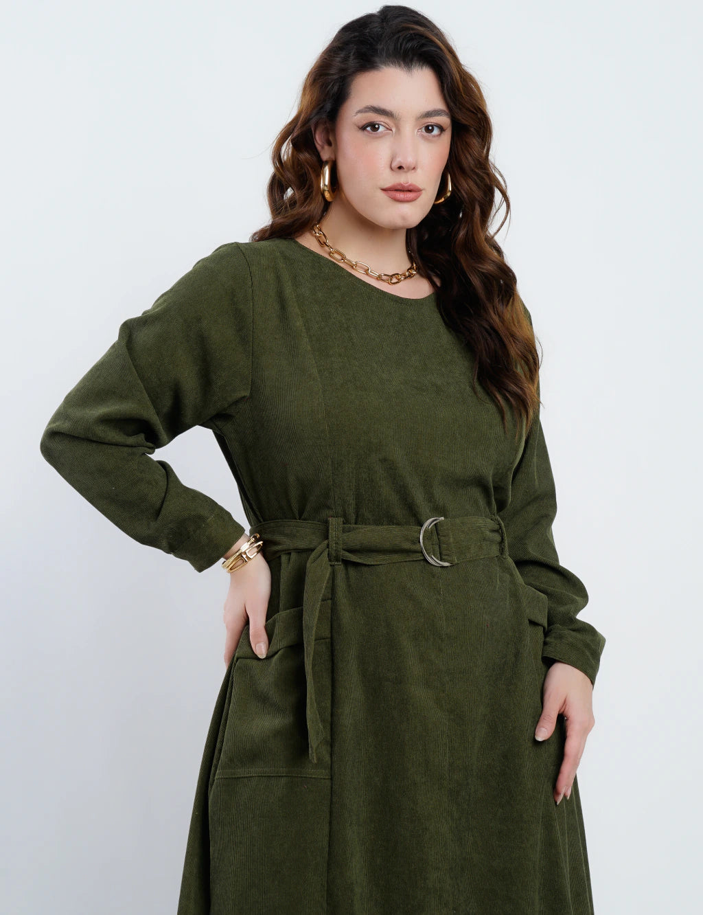 Vestido Longo Veludo Com Bolsos Musgo