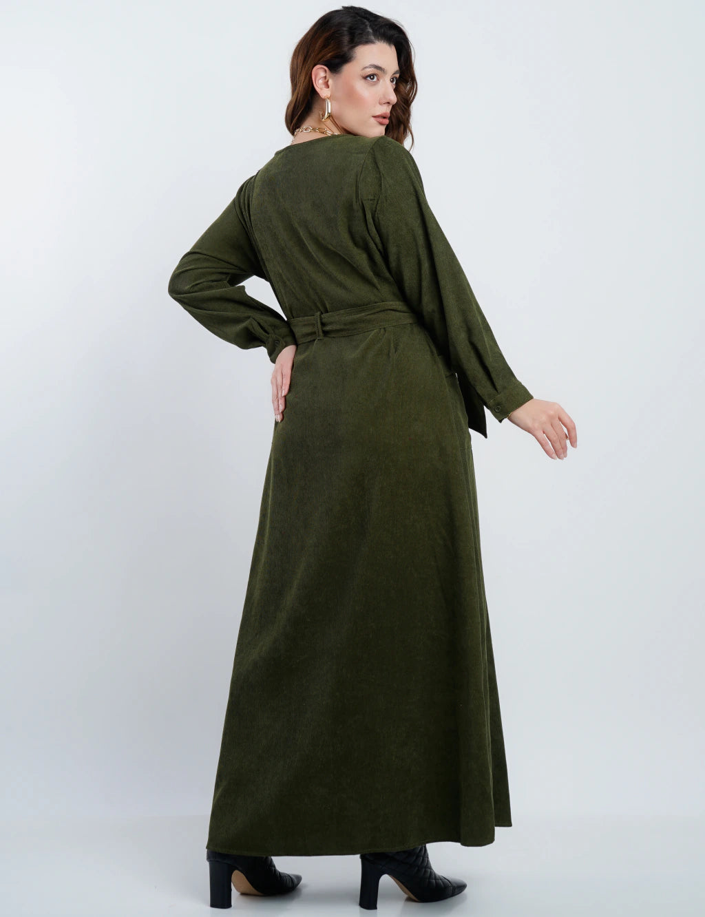 Vestido Longo Veludo Com Bolsos Musgo