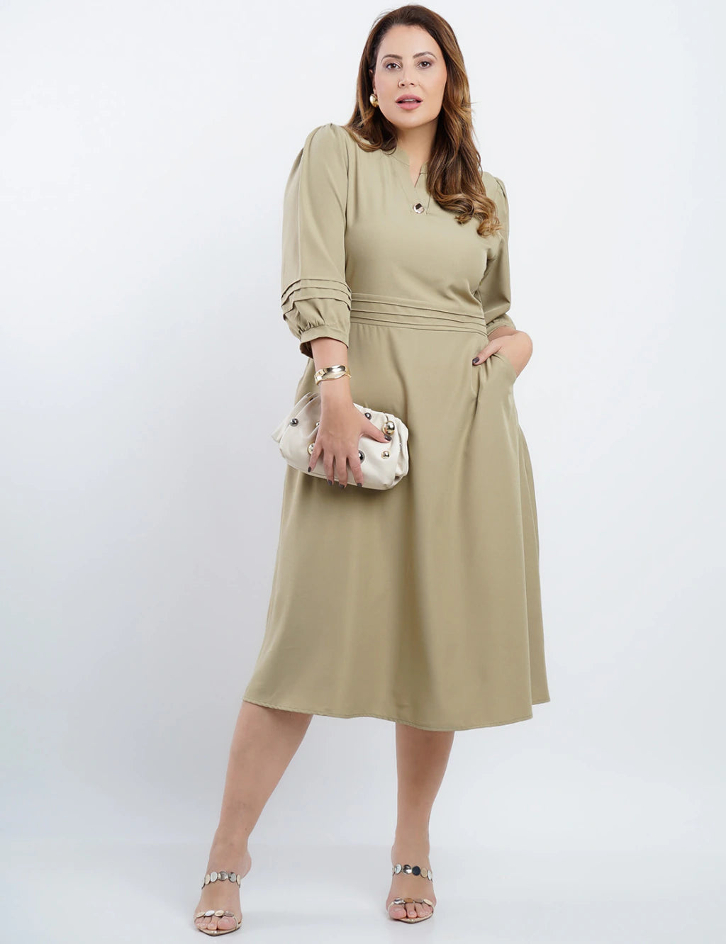 Vestido Midi Crepe Encorpado Com Nervuras verde