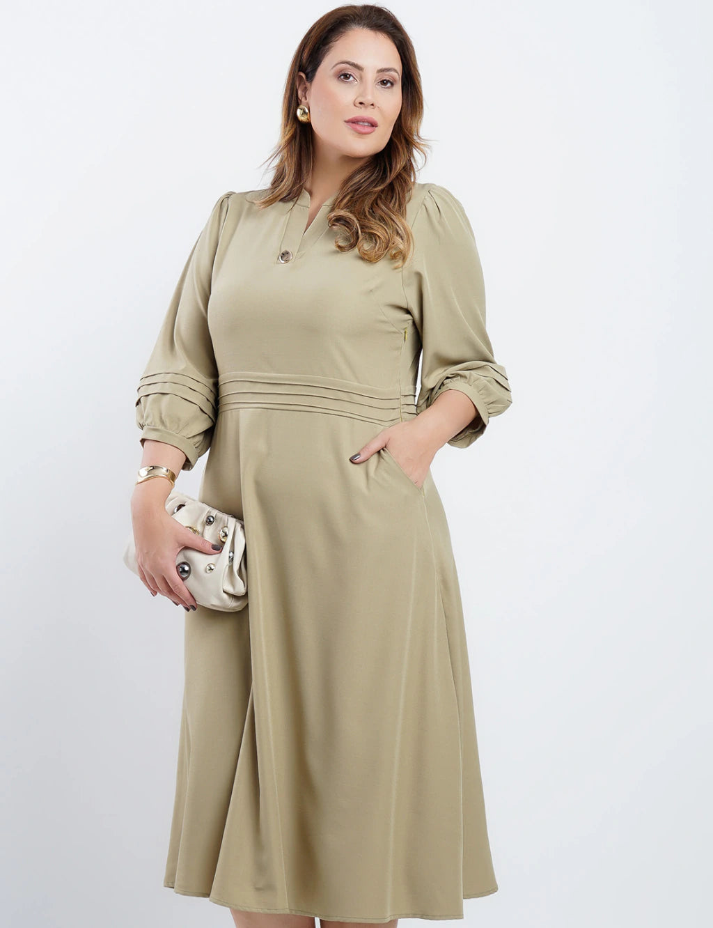 Vestido Midi Crepe Encorpado Com Nervuras verde