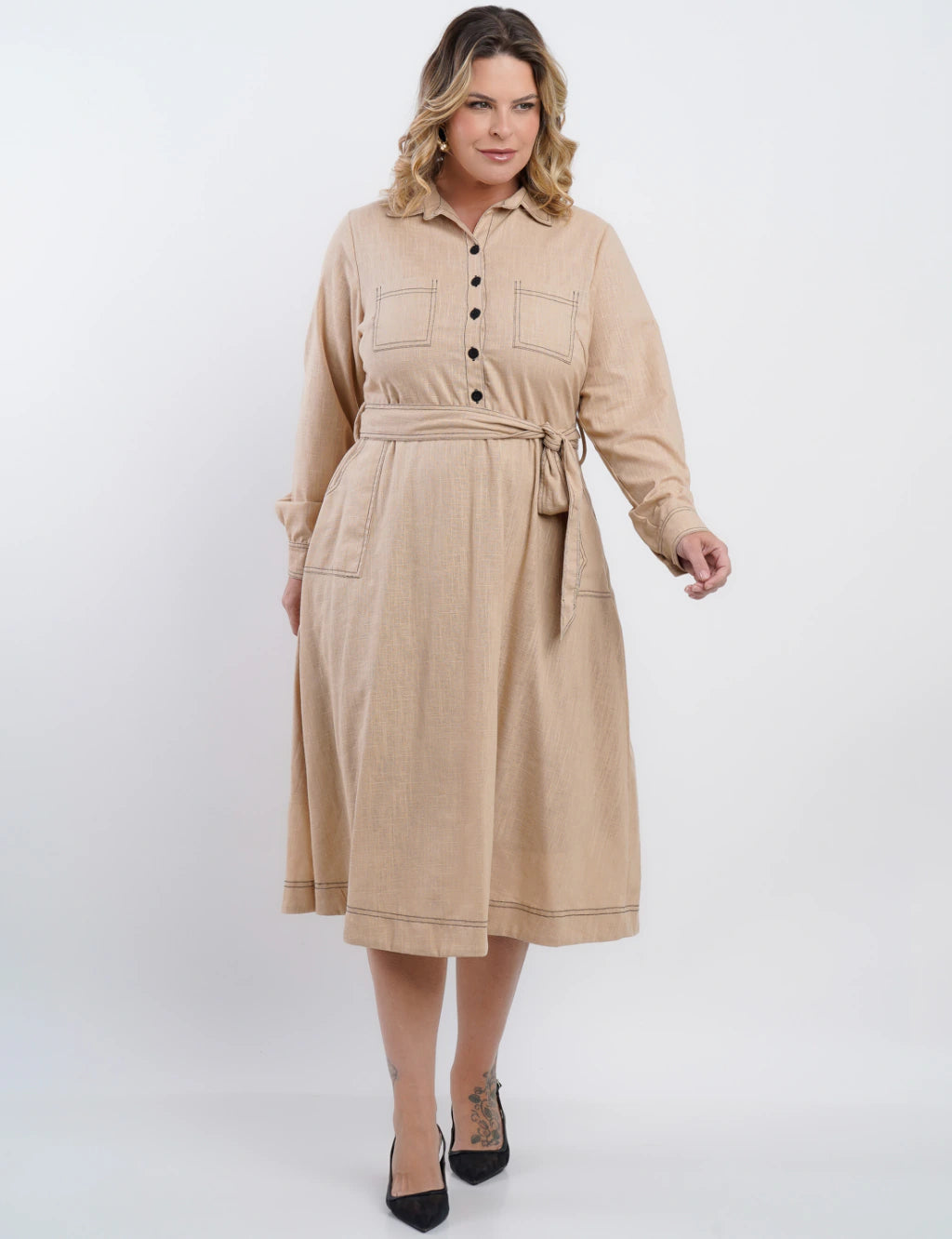 Vestido Midi Linho Misto Com Pesponto Bege