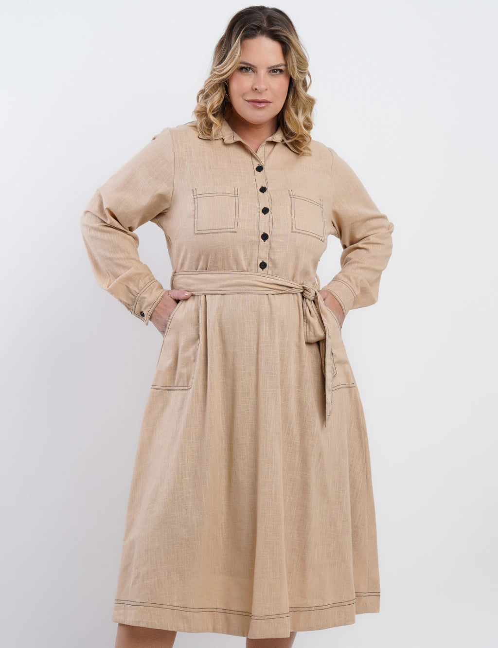 Vestido Midi Linho Misto Com Pesponto Bege