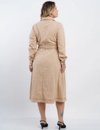 Vestido Midi Linho Misto Com Pesponto Bege