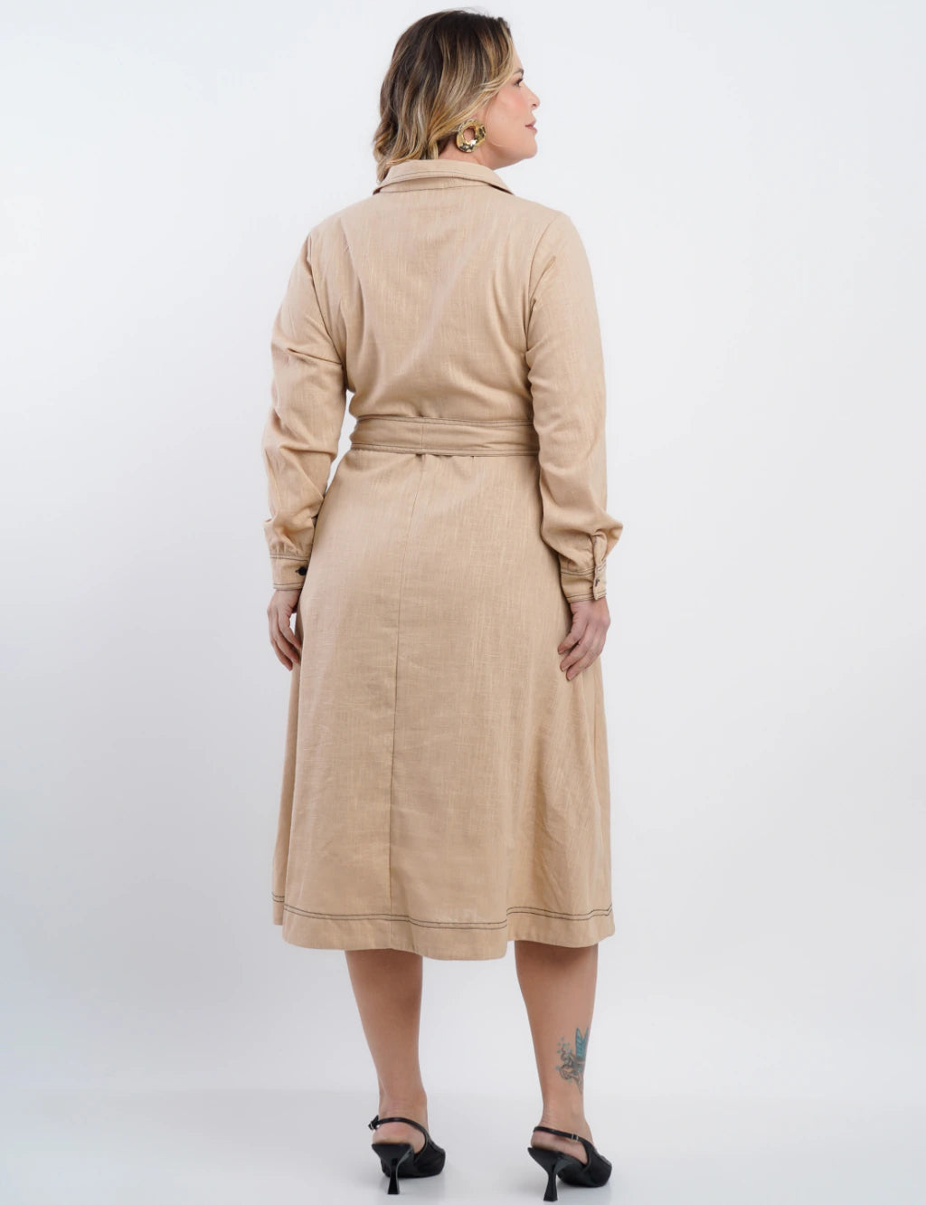 Vestido Midi Linho Misto Com Pesponto Bege