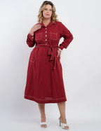 Vestido Midi Linho Misto Com Pesponto Vinho