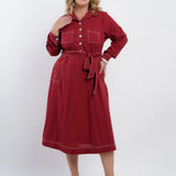 Vestido Midi Linho Misto Com Pesponto Vinho