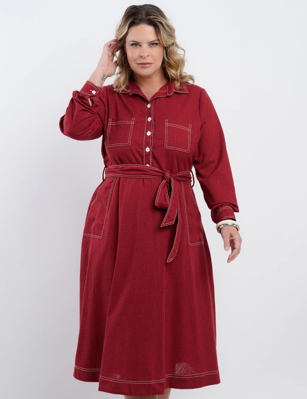 Vestido Midi Linho Misto Com Pesponto Vinho