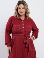 Vestido Midi Linho Misto Com Pesponto Vinho