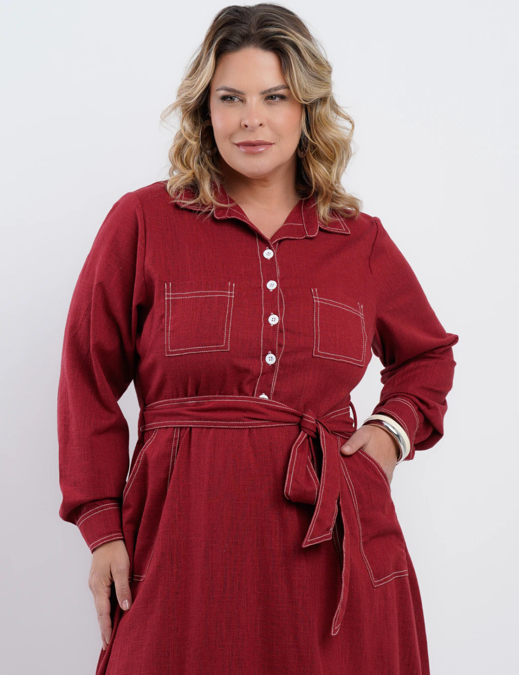 Vestido Midi Linho Misto Com Pesponto Vinho