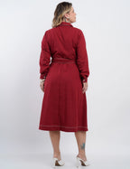 Vestido Midi Linho Misto Com Pesponto Vinho