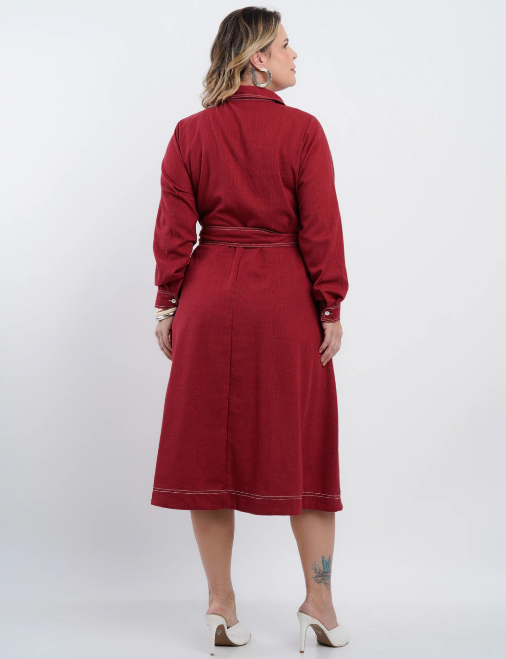 Vestido Midi Linho Misto Com Pesponto Vinho