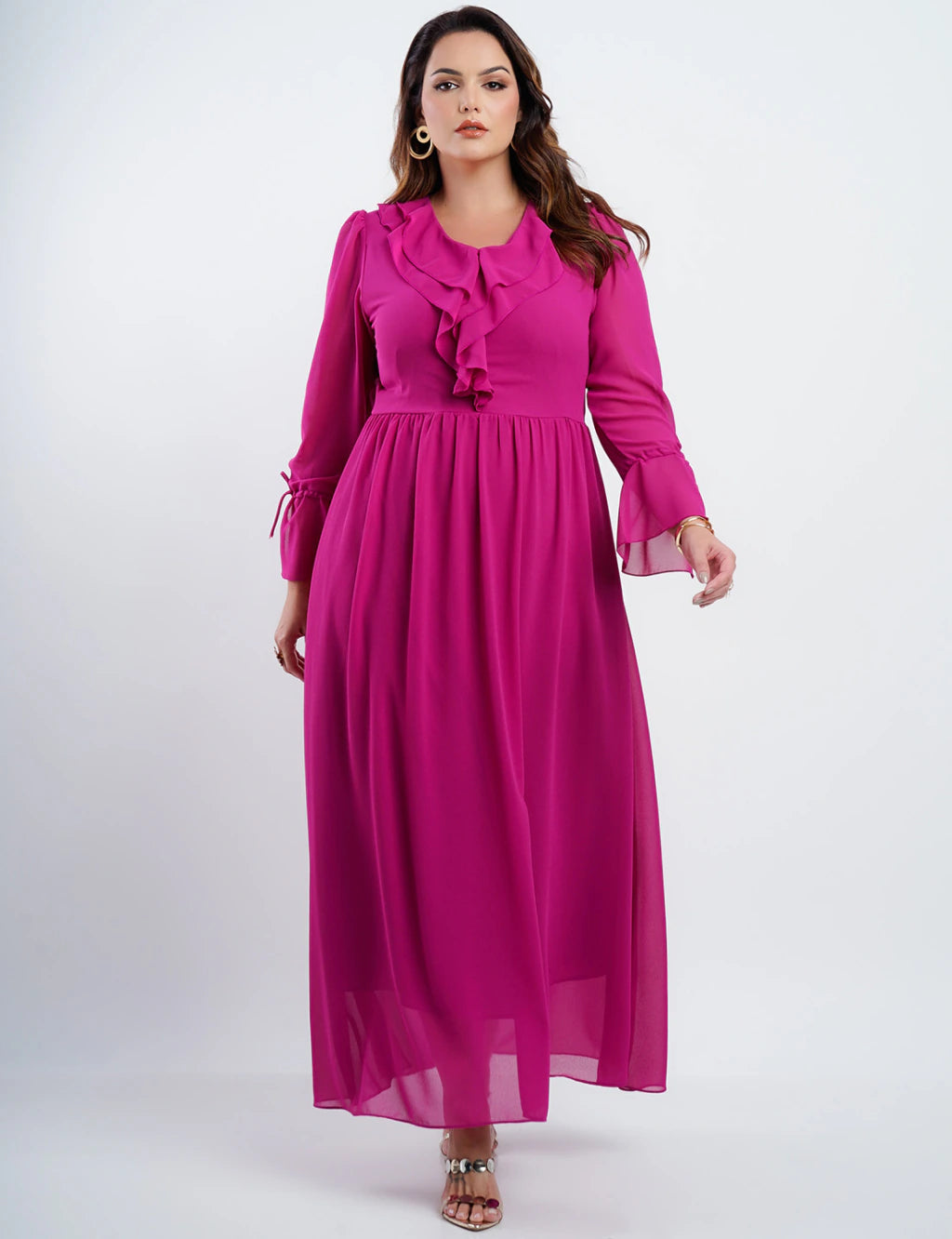 Vestido Longo Chiffon Com Babado Pink