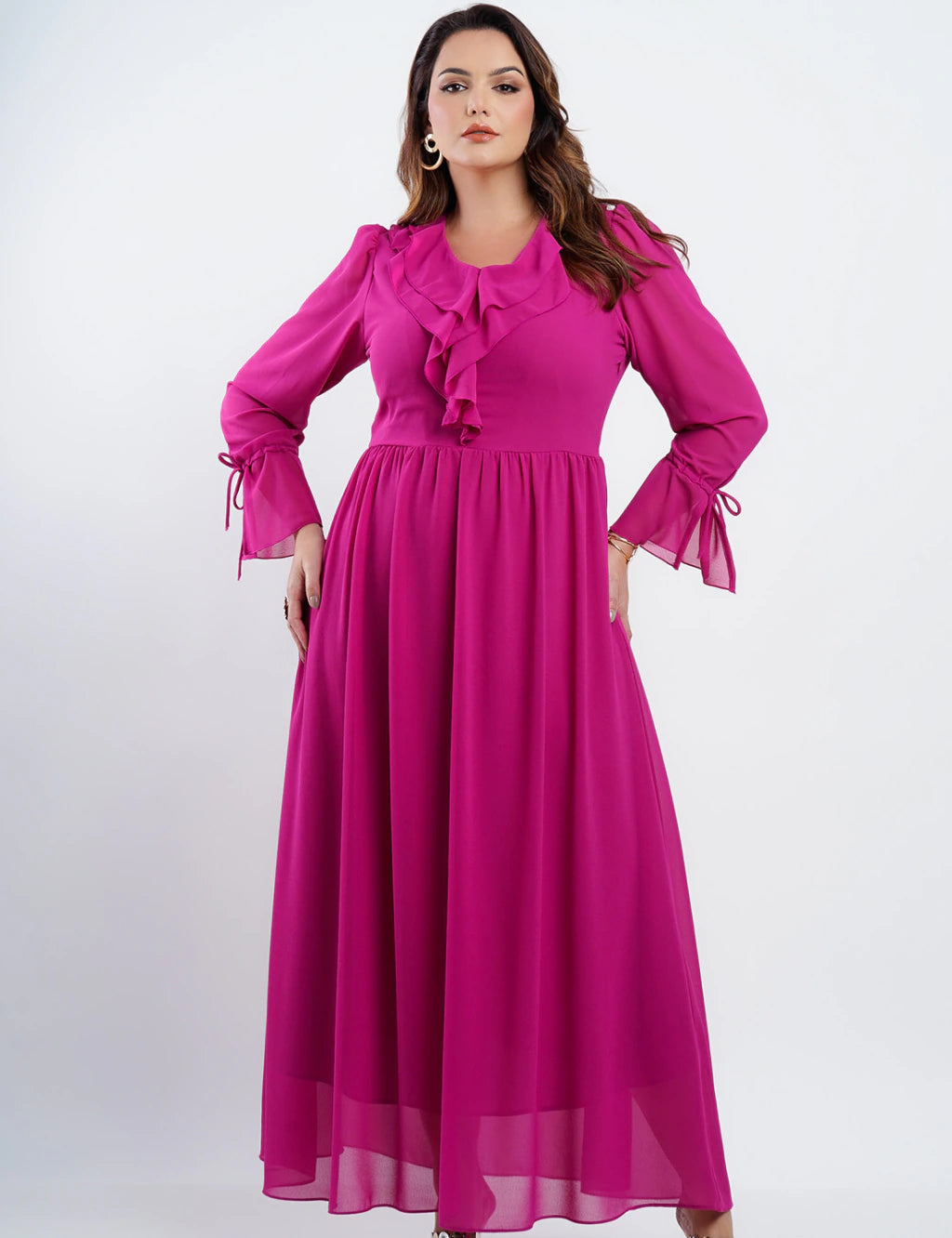 Vestido Longo Chiffon Com Babado Pink