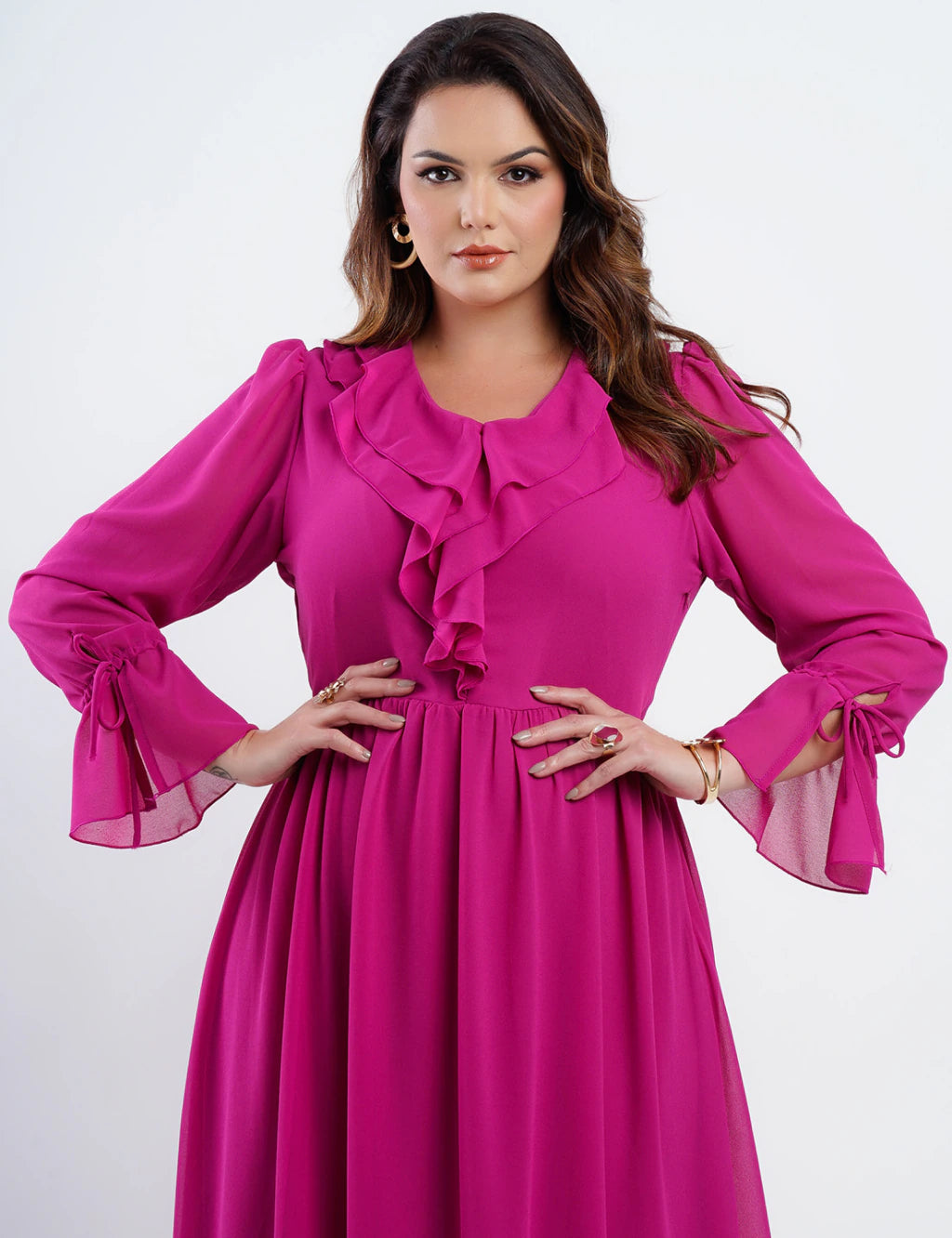 Vestido Longo Chiffon Com Babado Pink