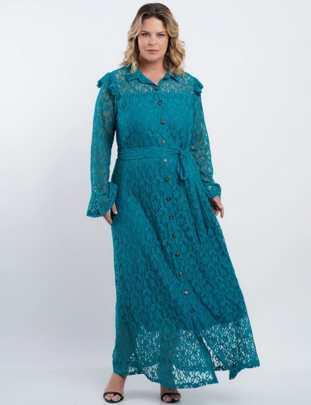 Vestido Longo Renda Chemise Com Cinto Petroléo