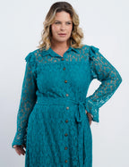 Vestido Longo Renda Chemise Com Cinto Petroléo