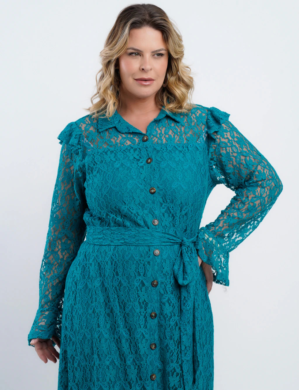 Vestido Longo Renda Chemise Com Cinto Petroléo