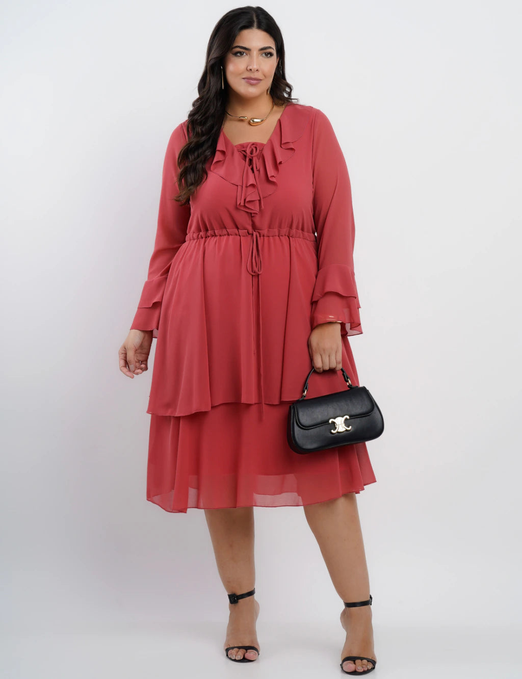 Vestido Curto Chiffon Com Babado Rosé