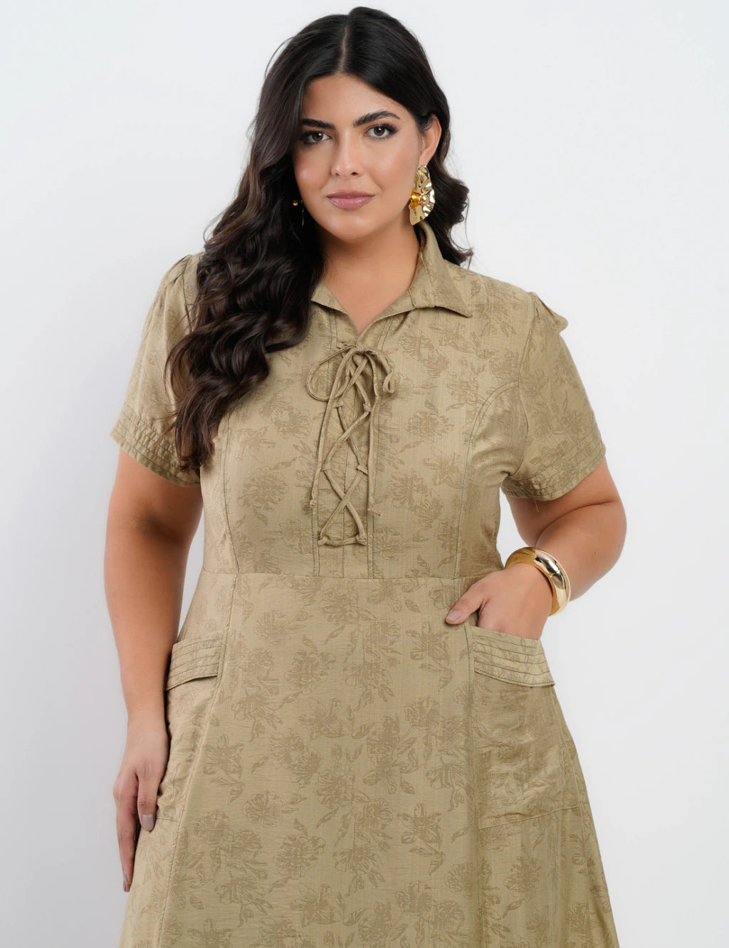 Vestido Midi Viscose Com Textura Bolso Musgo