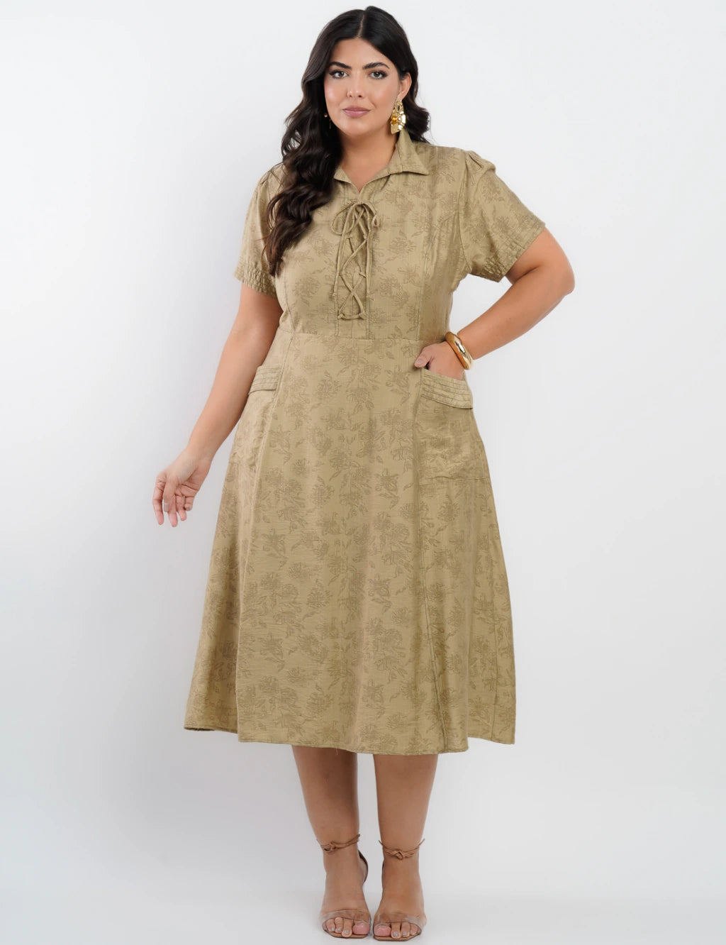 Vestido Midi Viscose Com Textura Bolso Musgo
