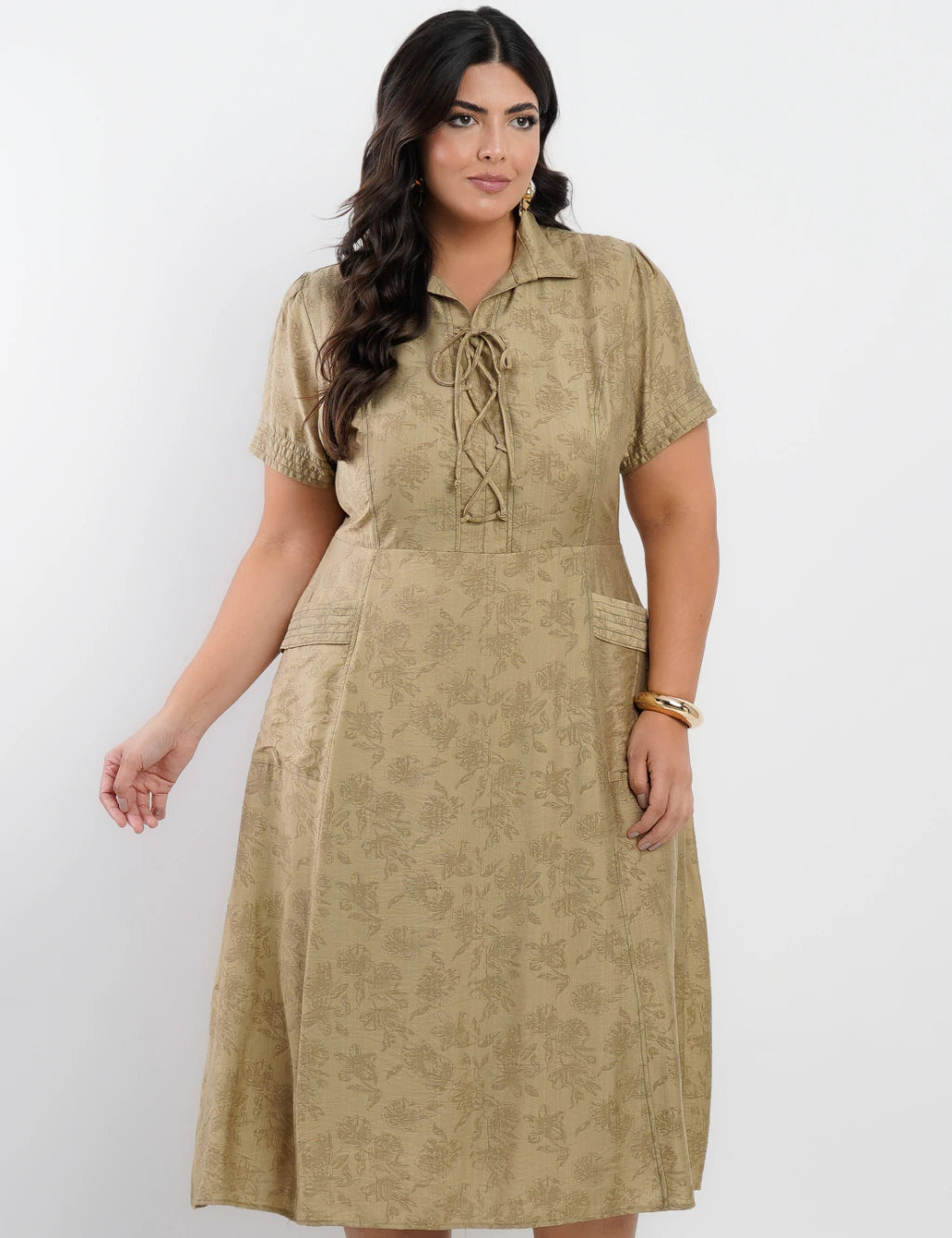 Vestido Midi Viscose Com Textura Bolso Musgo