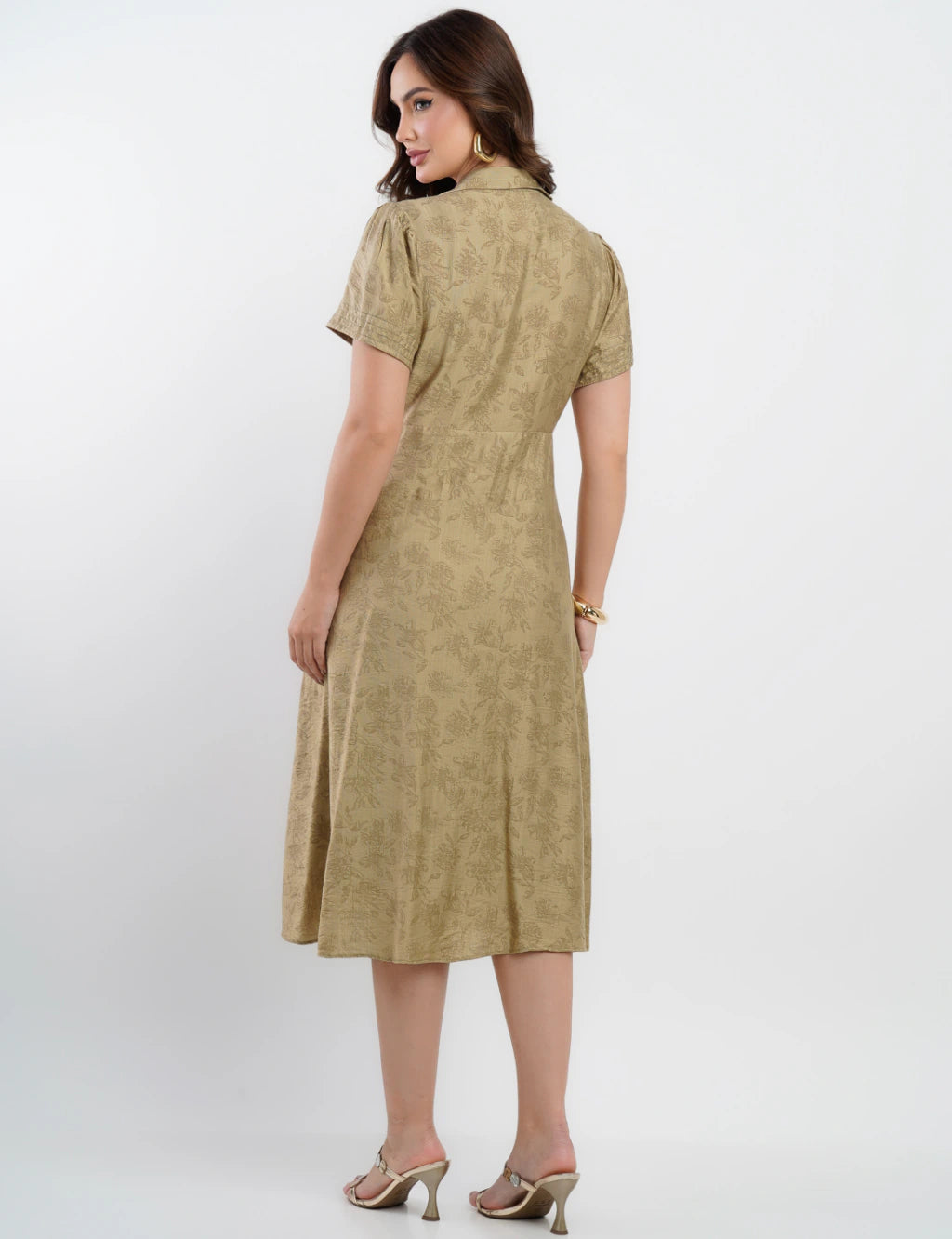 Vestido Midi Viscose Com Textura Bolso Musgo
