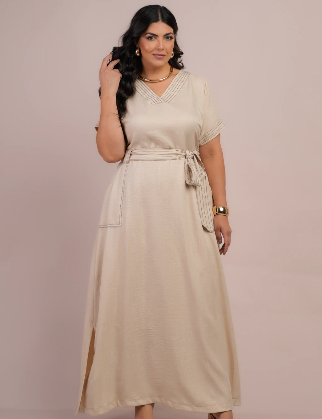 Vestido Longo Linho De Poliéster Com Pesponto Bege
