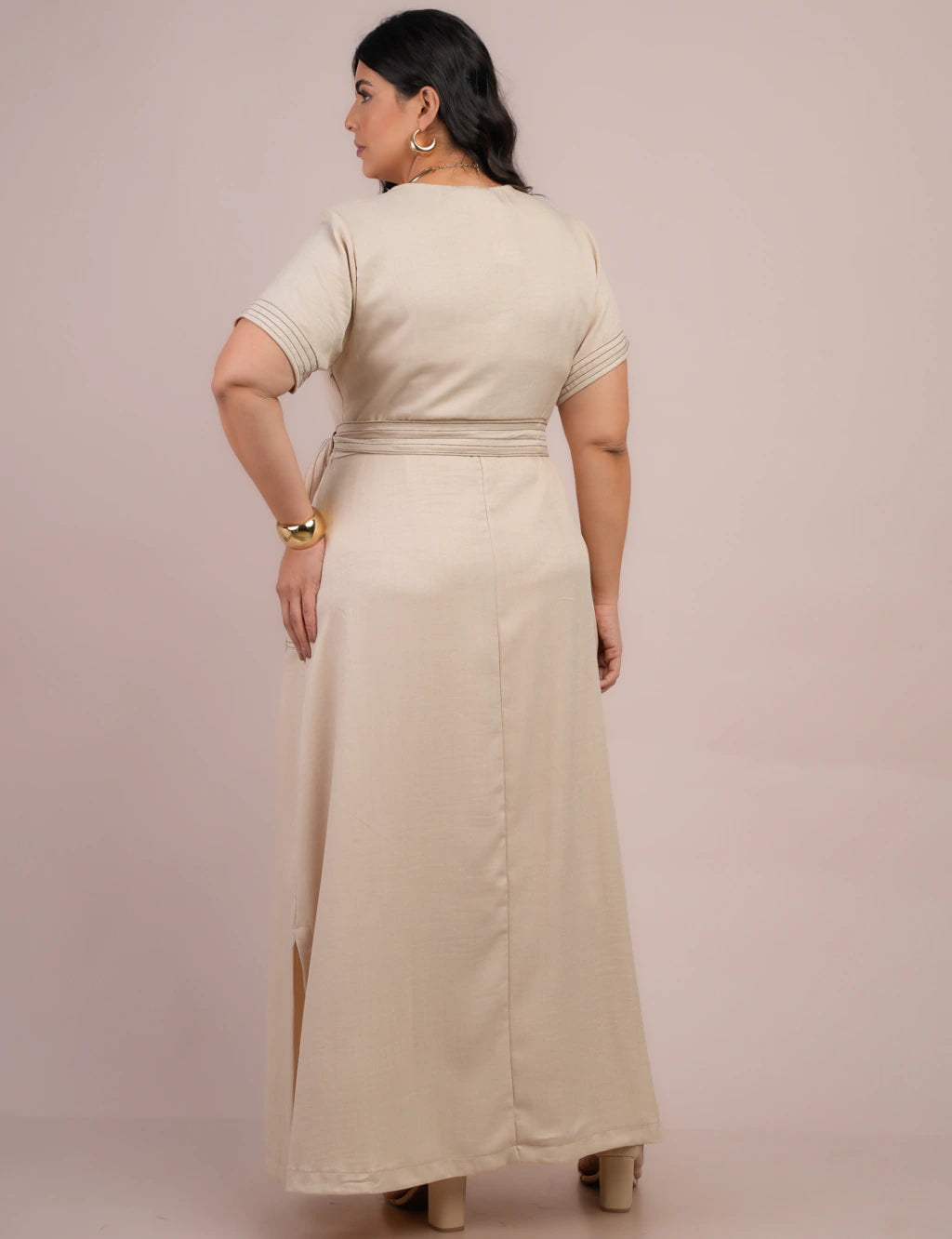 Vestido Longo Linho De Poliéster Com Pesponto Bege