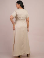 Vestido Longo Linho De Poliéster Com Pesponto Bege