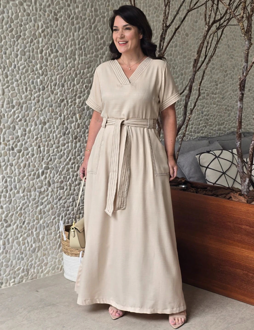 Vestido Longo Linho De Poliéster Com Pesponto Bege