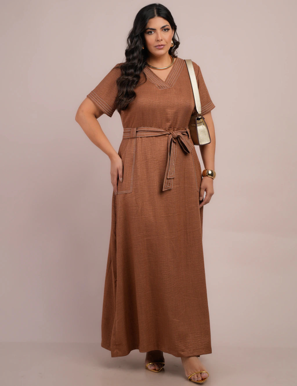 Vestido Longo Linho De Poliéster Com Pesponto Marrom