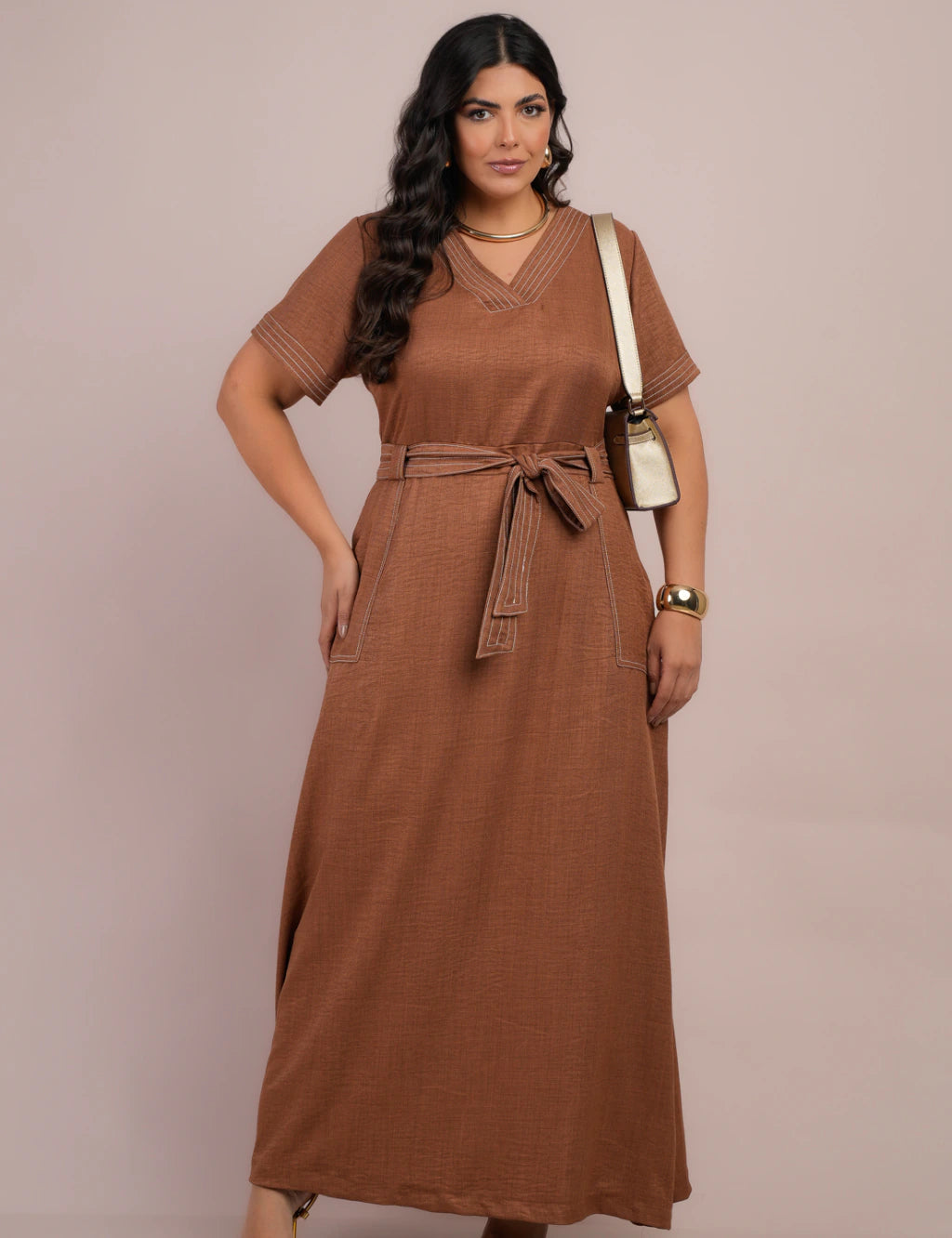 Vestido Longo Linho De Poliéster Com Pesponto Marrom