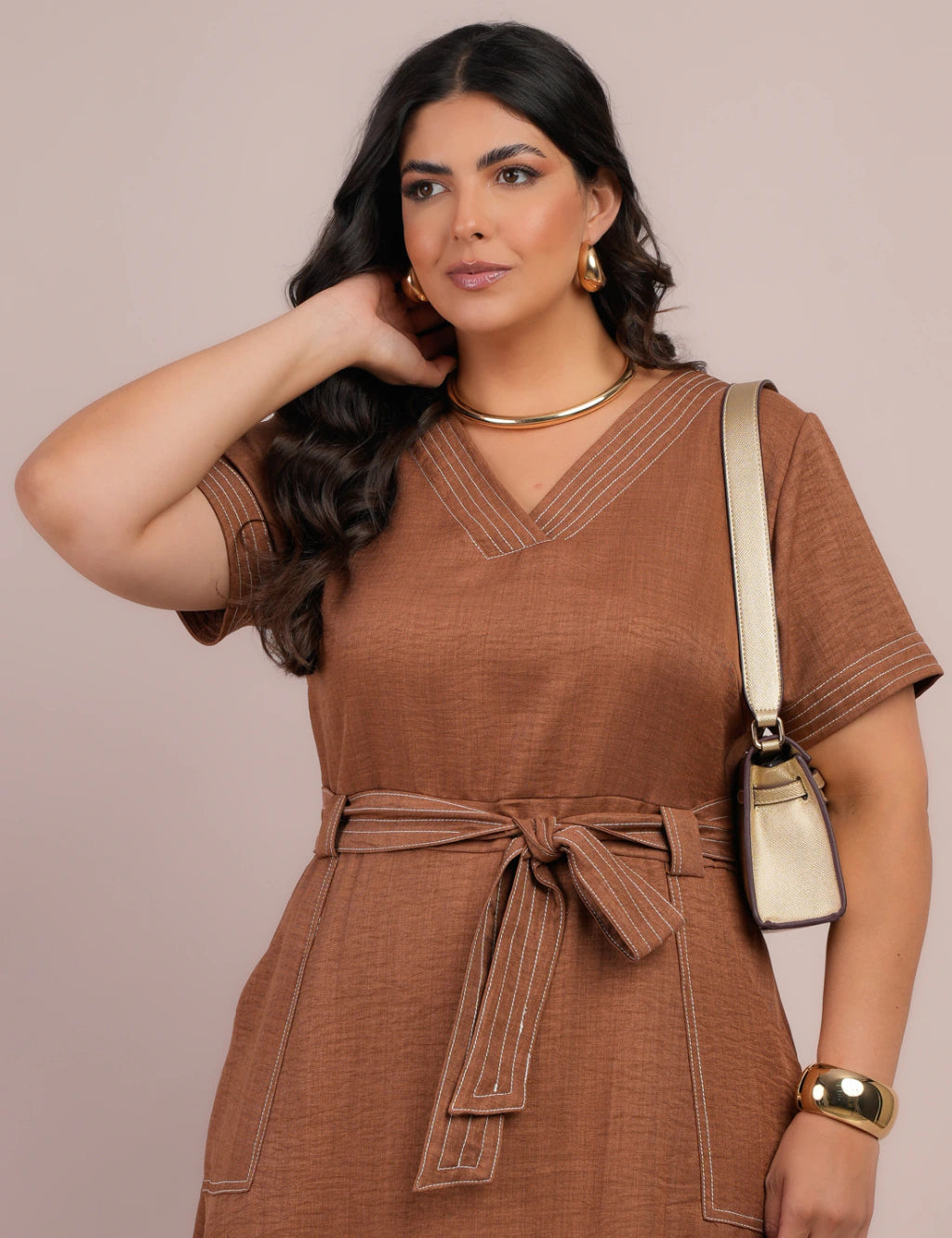 Vestido Longo Linho De Poliéster Com Pesponto Marrom