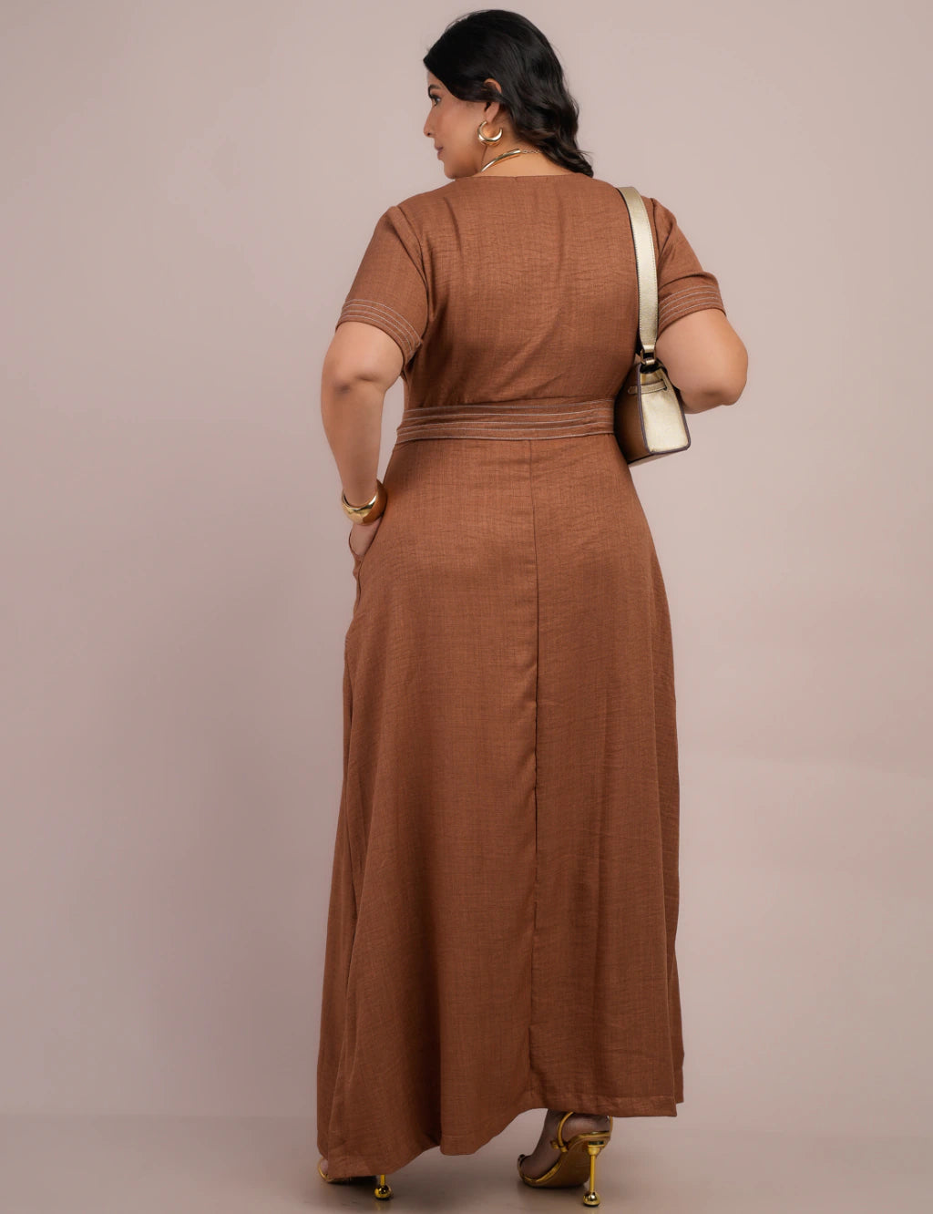 Vestido Longo Linho De Poliéster Com Pesponto Marrom