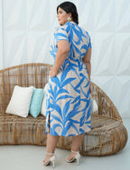 Vestido Midi Crepe Viscose Encorpado Estampado Azul