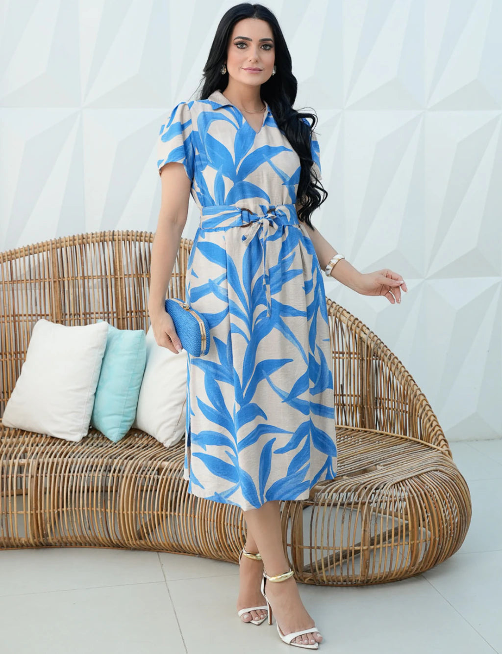 Vestido Midi Crepe Viscose Encorpado Estampado Azul