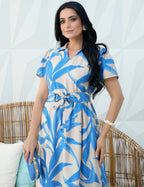 Vestido Midi Crepe Viscose Encorpado Estampado Azul