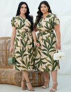 Vestido Midi Crepe Viscose Encorpado Estampado Verde