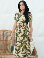 Vestido Midi Crepe Viscose Encorpado Estampado Verde
