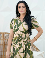 Vestido Midi Crepe Viscose Encorpado Estampado Verde