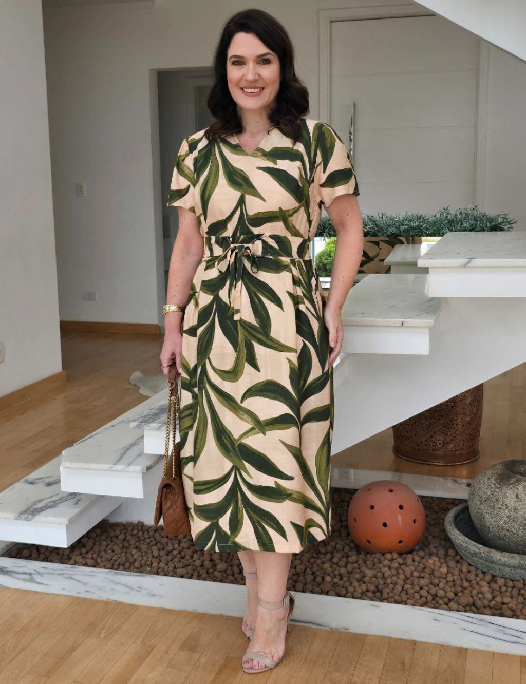 Vestido Midi Crepe Viscose Encorpado Estampado Verde