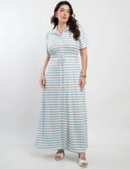 Vestido Longo Malha Canelada Listrado Azul