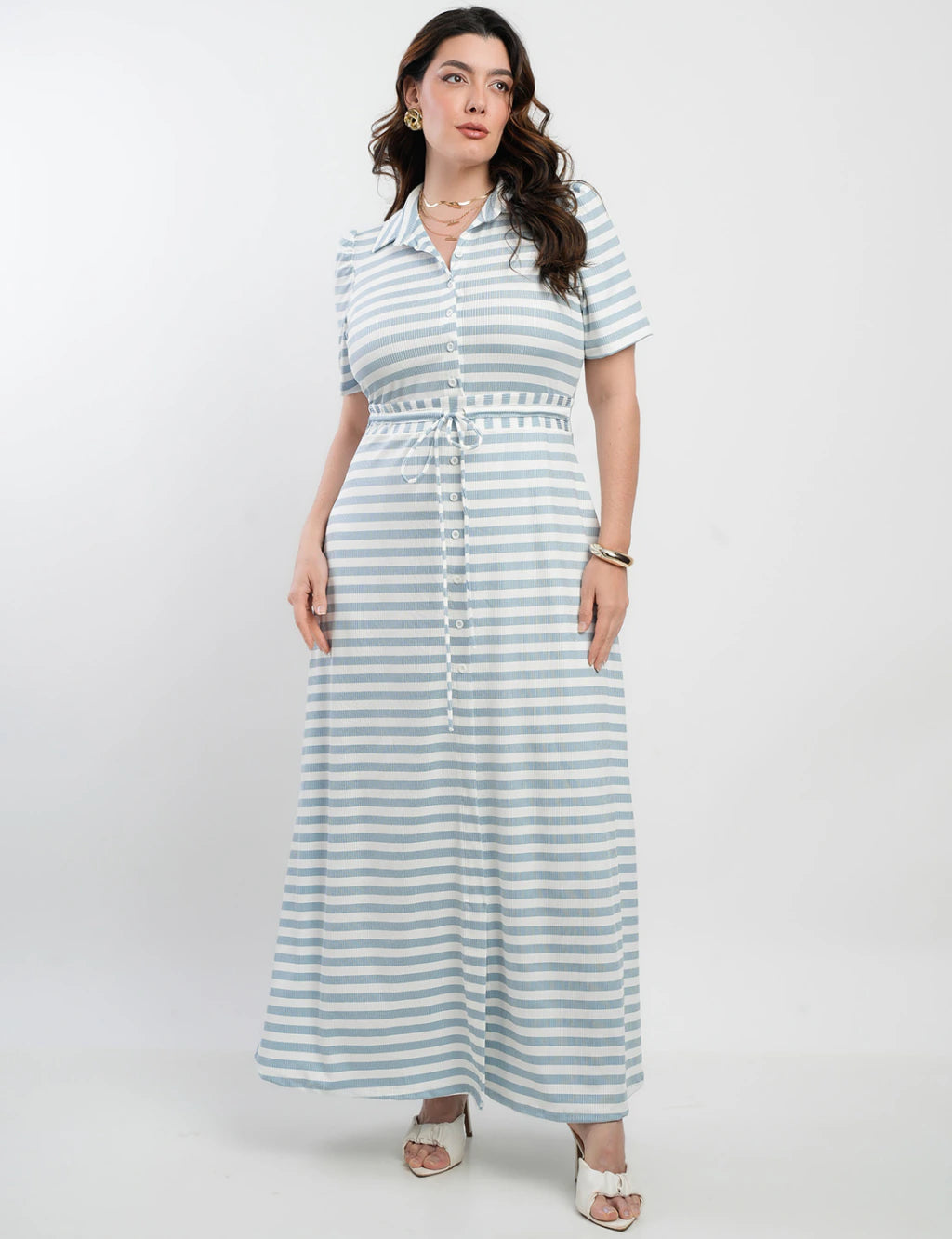 Vestido Longo Malha Canelada Listrado Azul