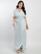 Vestido Longo Malha Canelada Listrado Azul