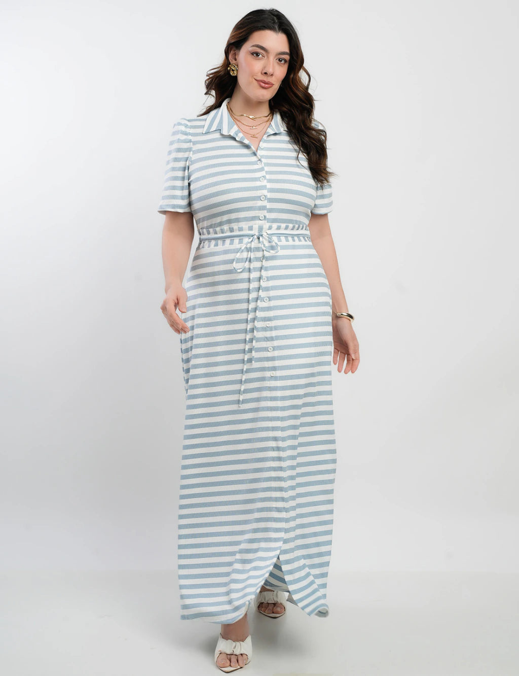Vestido Longo Malha Canelada Listrado Azul