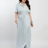 Vestido Longo Malha Canelada Listrado Azul