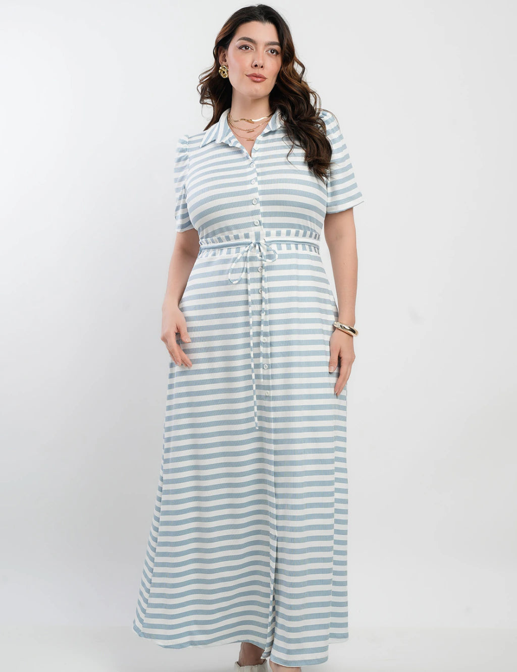 Vestido Longo Malha Canelada Listrado Azul
