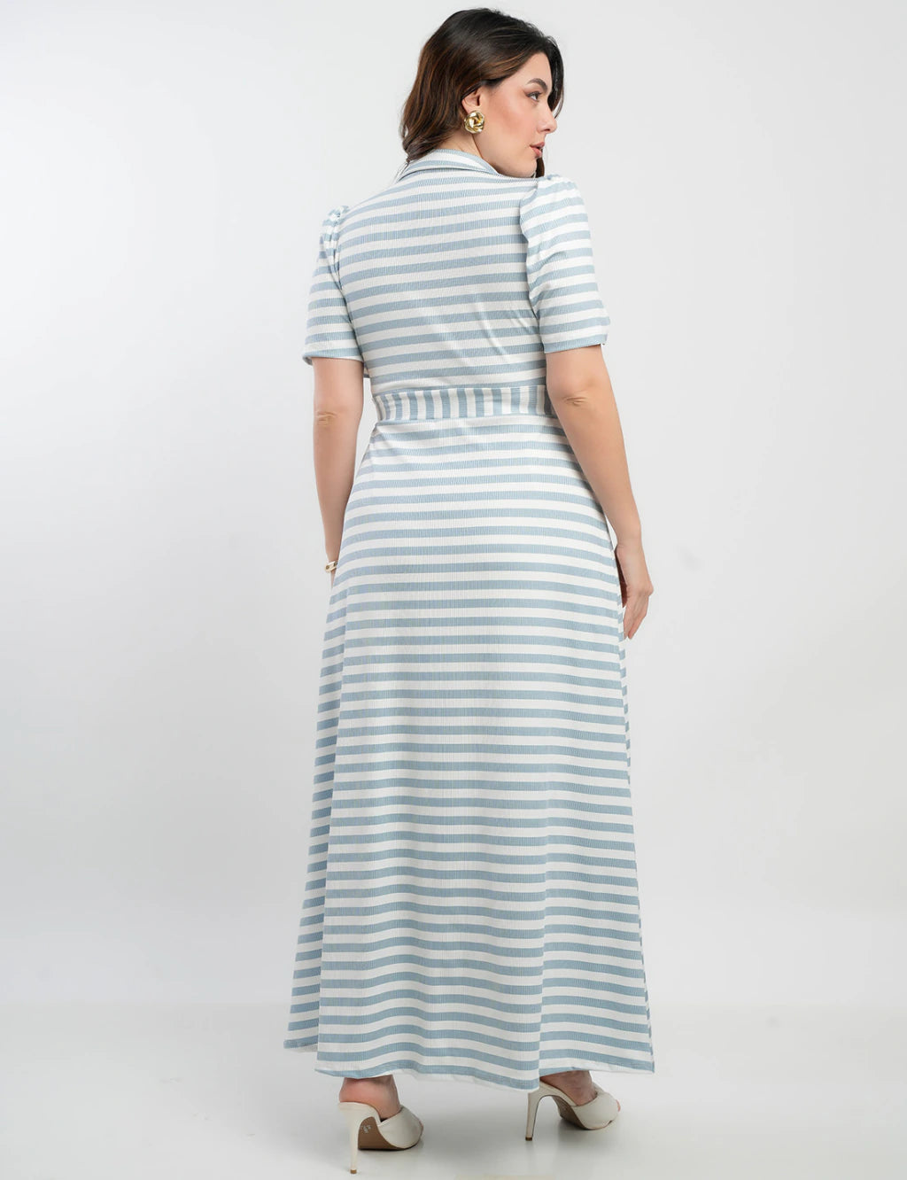 Vestido Longo Malha Canelada Listrado Azul