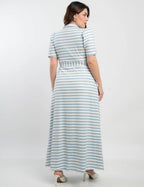 Vestido Longo Malha Canelada Listrado Azul